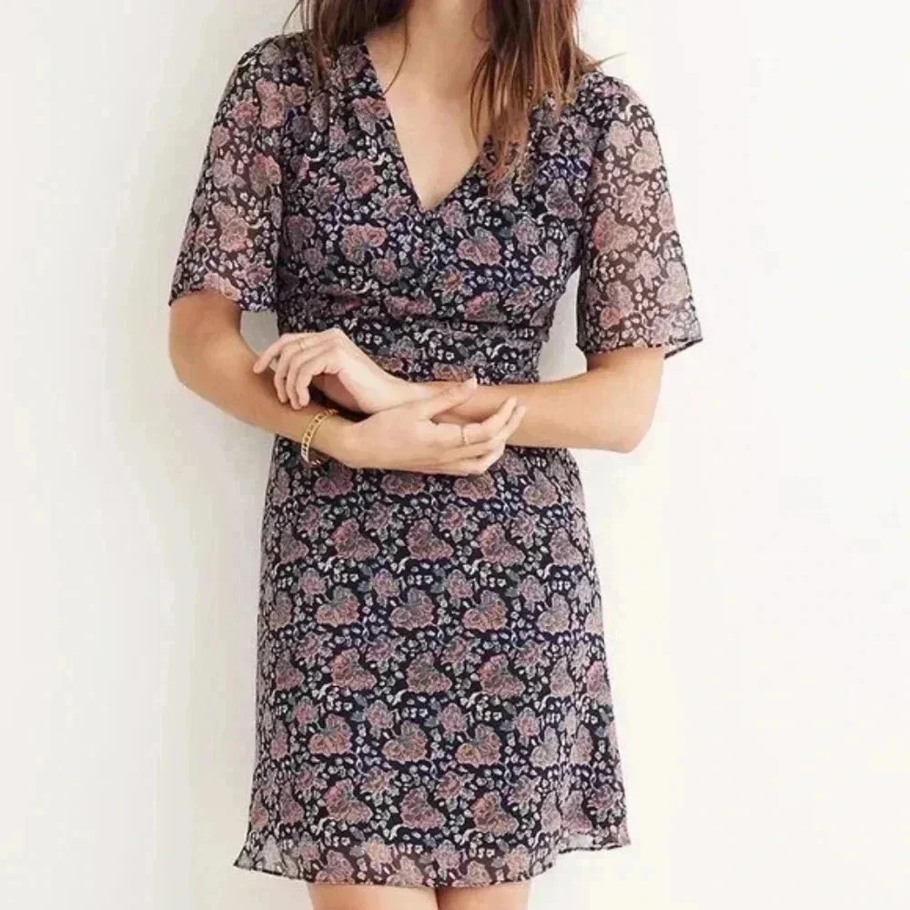 Madewell Orchard Flutter-Sleeve Dress in Fan Floral Mix